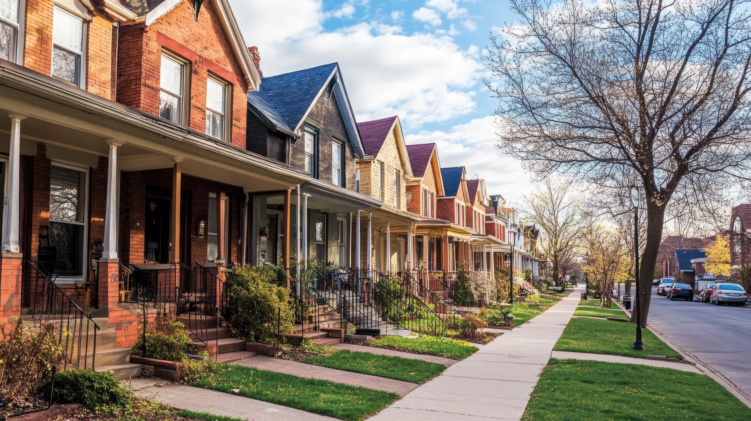 Home row houses sidewalk front view