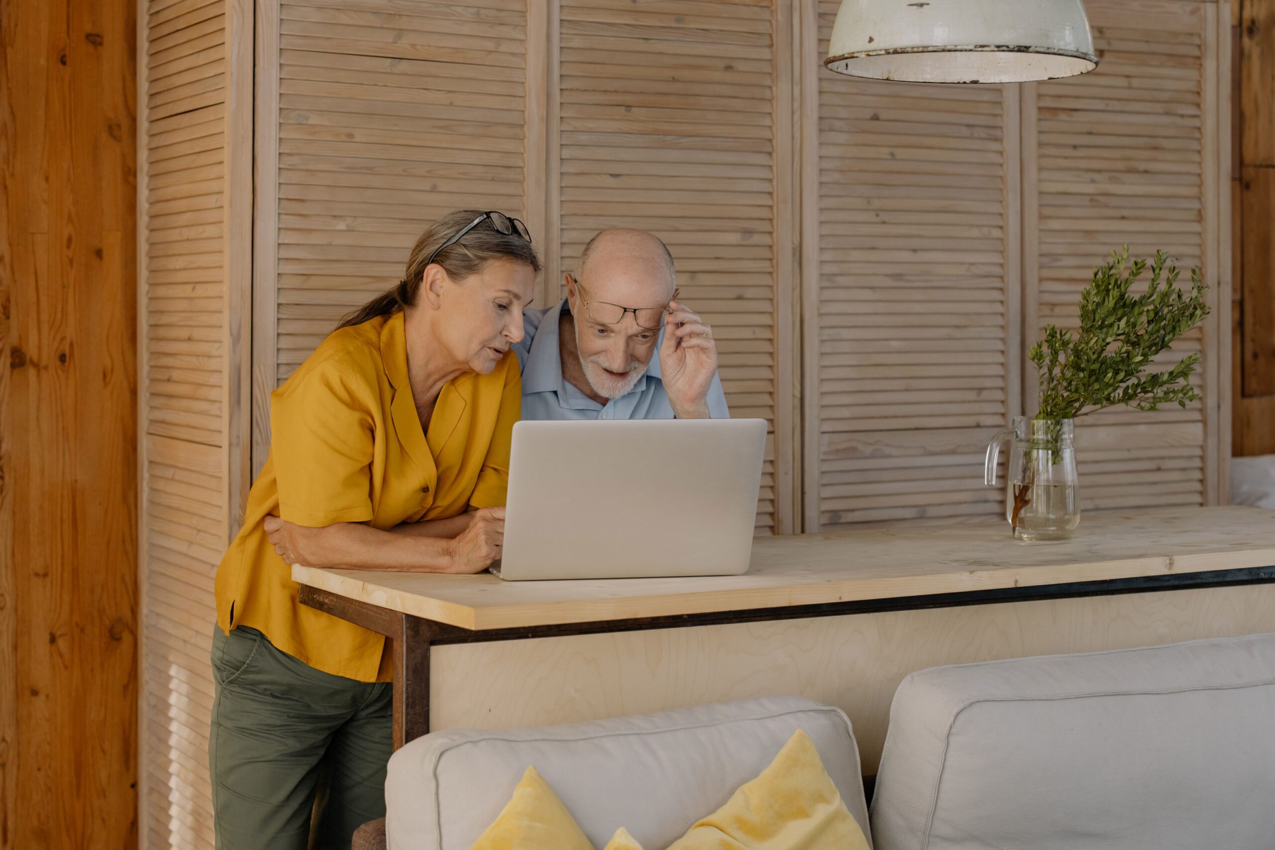 Elderly couple engaged with a laptop in cozy home setting.