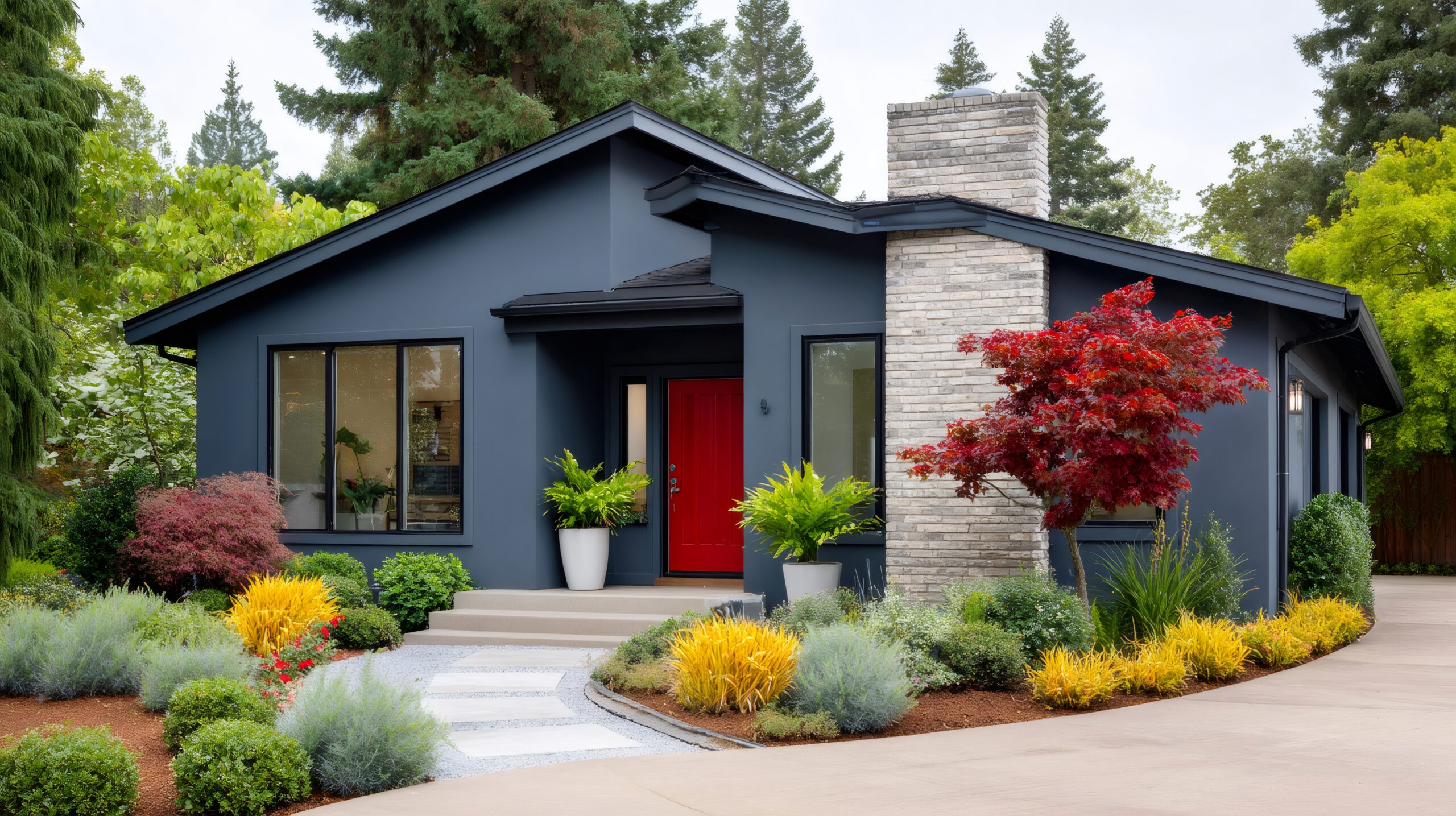modern navy blue house with red door and xeriscape garden
